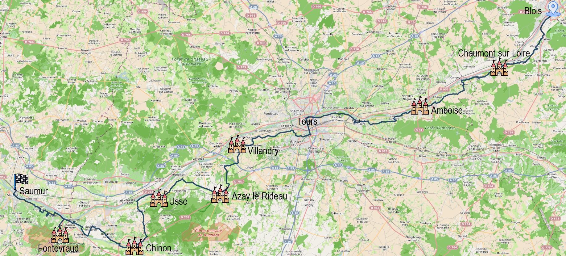 Carte itinéraire du séjour Château de la Loire à vélo de Blois à Saumur