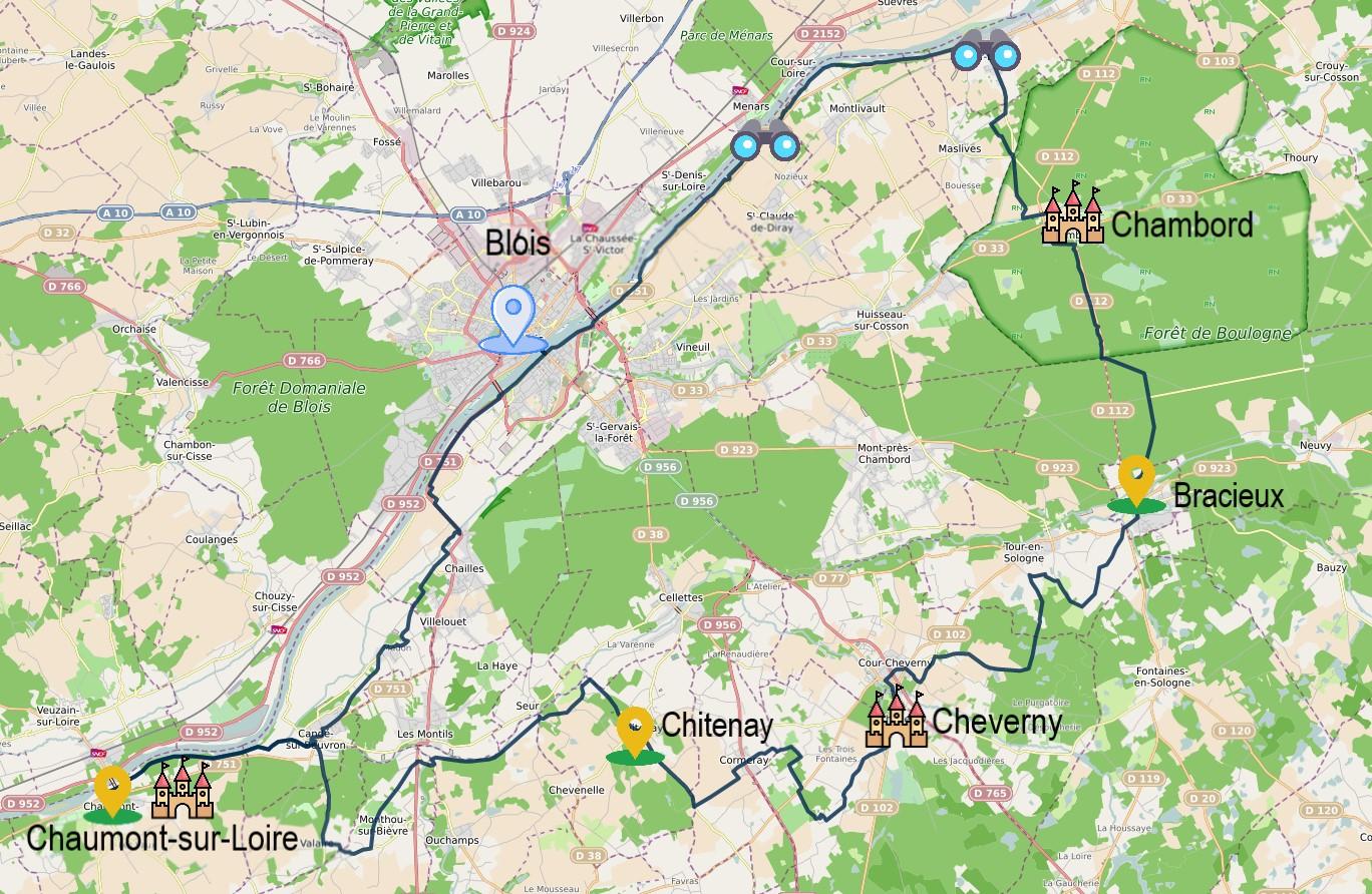Carte itinéraire du séjour Itinérance à vélo Blois-Chambord-Cheverny-Chaumont
