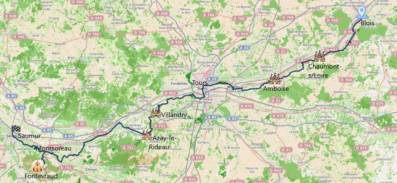 Carte itinéraire du séjour Châteaux de la Loire à vélo, de Blois à Saumur