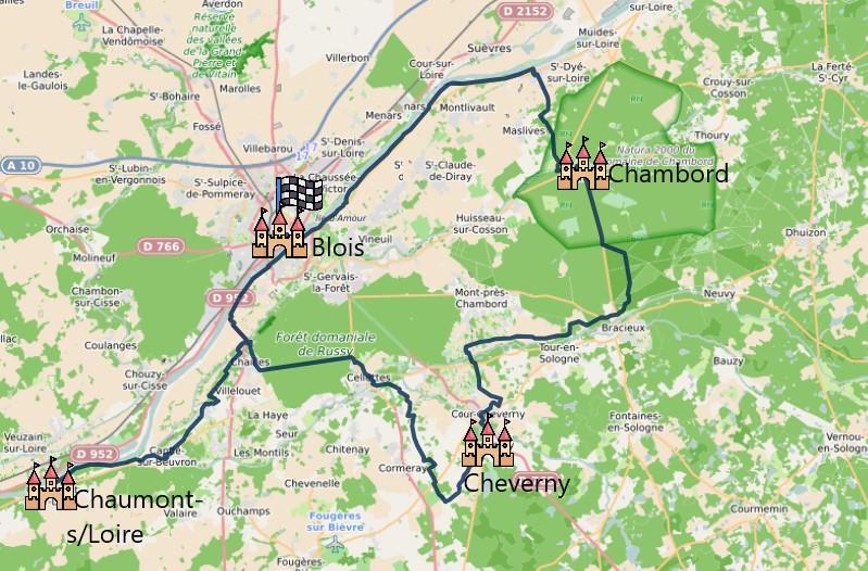 Carte itinéraire du séjour Itinérance à vélo Blois-Chambord-Cheverny-Chaumont