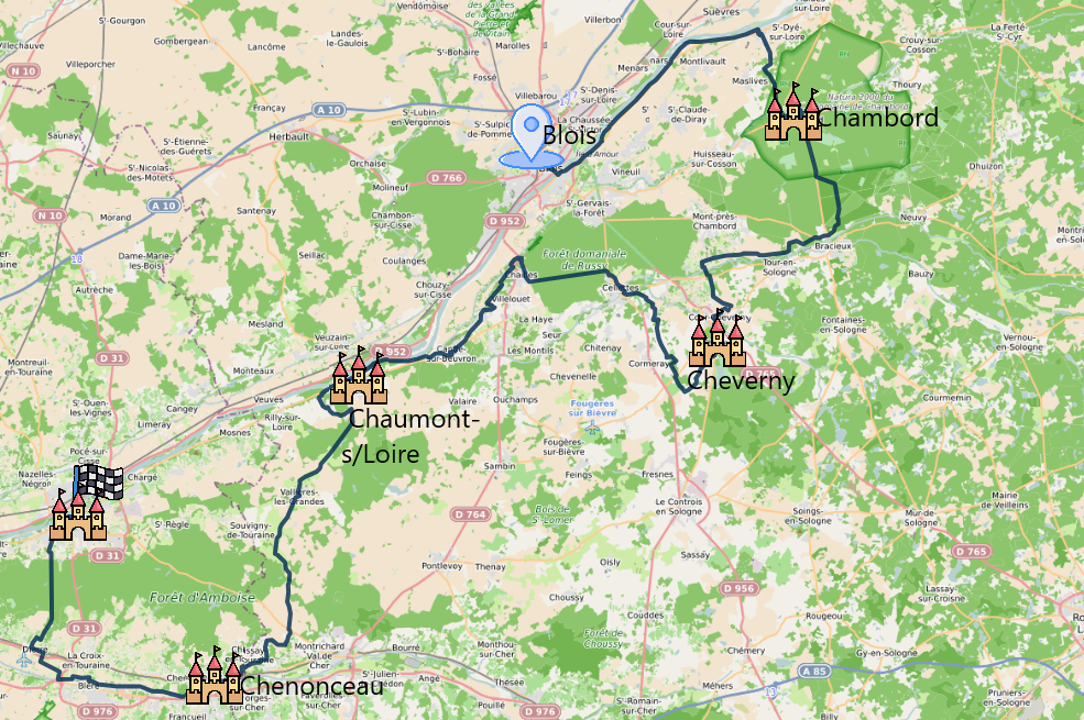 Carte itinéraire du séjour itinérance à vélo Blois – Amboise via Chambord et Chenonceau