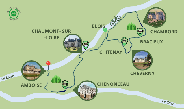 Carte itinéraire du séjour itinerance à vélo Blois Amboise via Chambord et Chenonceau