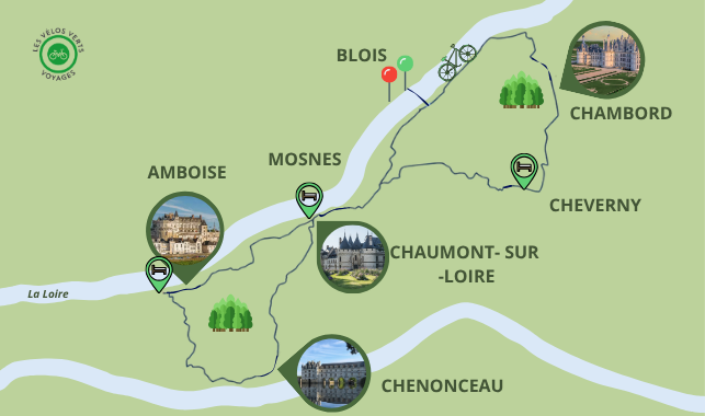 Carte itinéraire du séjour À Vélo entre Chambord et Chenonceau : Une Boucle Royale