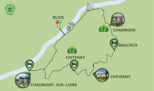 Carte itinéraire du séjour Itinérance à vélo Blois-Chambord-Cheverny-Chaumont
