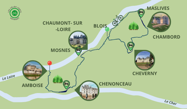 Carte itinéraire du séjour itinérance à vélo Blois – Amboise via Chambord et Chenonceau