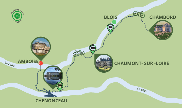Carte itinéraire du séjour Vélo, canoë, et châteaux en famille