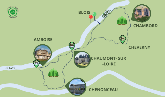 Carte itinéraire du séjour À Vélo entre Chambord et Chenonceau : Une Boucle Royale