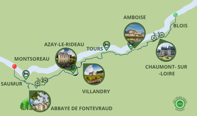 Carte itinéraire du séjour Châteaux de la Loire à vélo, de Blois à Saumur