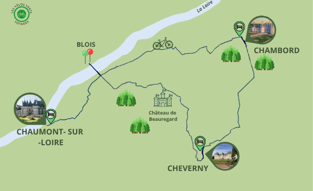 Carte itinéraire du séjour Itinérance à vélo Blois-Chambord-Cheverny-Chaumont