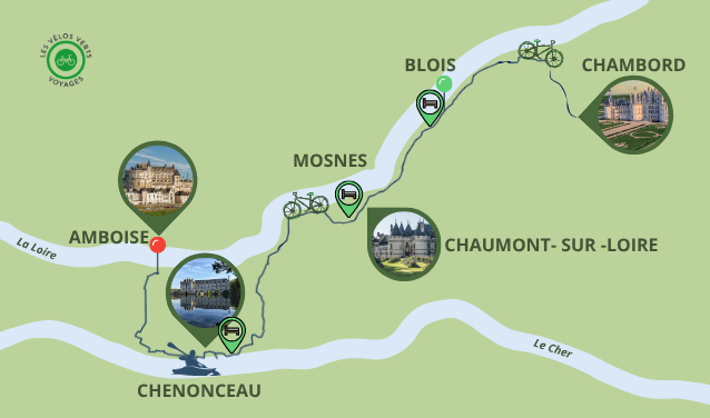 Carte itinéraire du séjour Vélo, canoë, et châteaux en famille